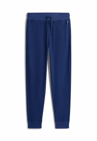 Pantaloni jogger blu navy con vita elastica, cordoncino e polsini a costine. Realizzati in tessuto leggero con una trama sottile.