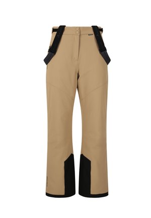 Beige outdoor pants with black accents, adjustable straps, two waist buttons, and a slightly tapered leg design. Material appears durable and waterproof.