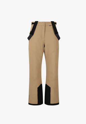 Beige Outdoor-Hosen mit schwarzen Akzenten, verstellbaren Trägern, zwei Knöpfen in der Taille und einem leicht taillierten Bein-Design. Das Material wirkt strapazierfähig und wasserdicht.