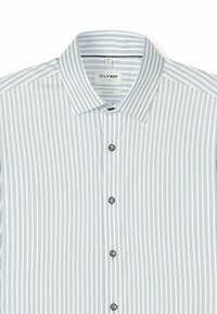 Light blue striped dress shirt made of smooth fabric with a body fit design. Features a pointed collar and black buttons along the front.