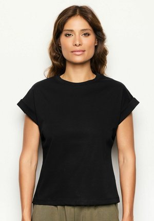 Schwarzes Kurzarm-T-Shirt in lockerer Passform mit rundem Halsausschnitt und hochgerollten Ärmeln, aus glattem Stoff gefertigt.