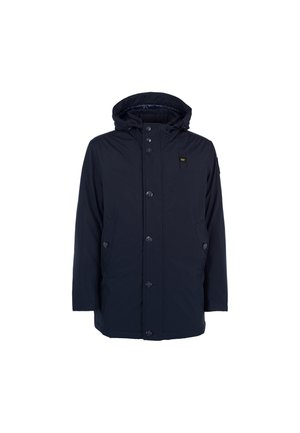 Marineblau wasserabweisende Parkajacke mit Kapuze, vorderem Knopfverschluss, zwei Seitentaschen und einer glatten Stoffoberfläche.