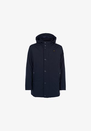 Parka bleu marine imperméable avec capuche, fermeture à boutons sur le devant, deux poches latérales et une texture de tissu lisse.