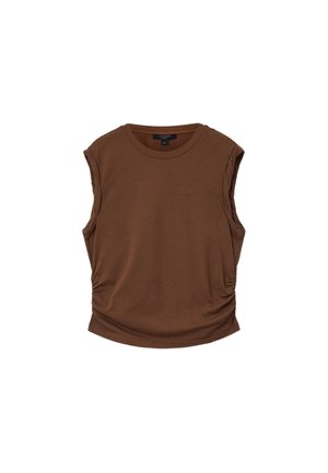 Top marrón sin mangas para mujer con cuello redondo y laterales fruncidos, hecho de tela suave.