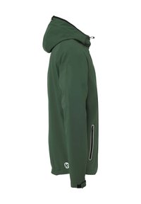 Grøn softshell jakke med hætte, sidelommer med lynlås, tætsiddende manchetter og et slankt design uden synlige logoer eller mønstre.