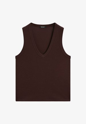 Bruine mouwloze top met een diepe V-hals en een reguliere pasvorm, gemaakt van zachte stof. Schone randen en minimale naden, wat een soepele textuur biedt.