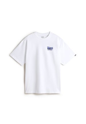 Hvid Vans T-shirt med korte ærmer med lille blåt "Vans Off The Wall" logo på venstre bryst og et lille sort mærke på højre ærme.
