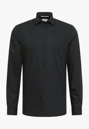 Zwart langärmige shirt van soepel materiaal, met een klassieke kraag, volledige knoopsluiting aan de voorkant en knoopmanchetten met een getailleerde pasvorm.