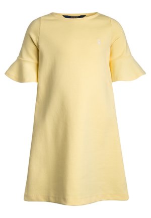 Robe jaune à manches courtes avec poignets évasés, encolure ronde, et petit logo Polo blanc sur le côté gauche de la poitrine.