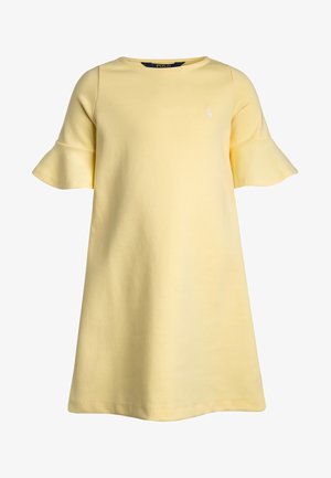 Gelbes Kleid mit kurzen Ärmeln, ausgestellten Manschetten, Rundhalsausschnitt und kleinem weißem Polo-Logo auf der linken Brust.