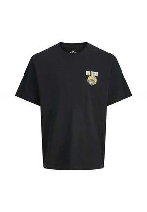 T-shirt noir à manches courtes avec col rond, orné d'un graphique coloré d'un Rubik's Cube et du texte "COMMENT RÉSoudre" sur le devant. Matière en coton.