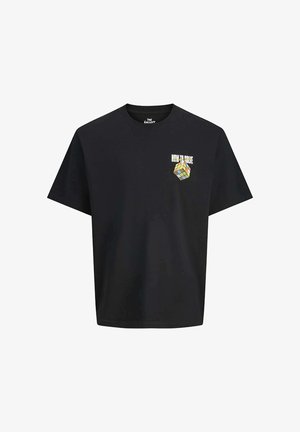 T-shirt noir à manches courtes avec col rond, orné d'un graphique coloré d'un Rubik's Cube et du texte "COMMENT RÉSoudre" sur le devant. Matière en coton.