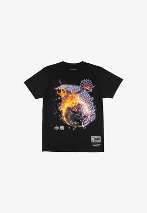Black short-sleeve t-shirt featuring a graphic of flames and a basketball, with the Raptors logo and stylized text in purple and white.