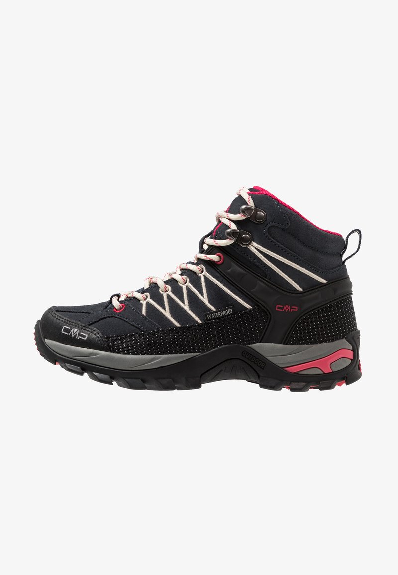 Black waterproof hiking boot featuring a high ankle, padded collar, contrasting white and pink laces, and a textured rubber sole with a pink accent.