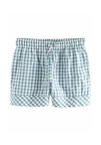 Blå och vit rutiga shorts med elastisk midja och snörning, med vikta fållar och en lätt textur.