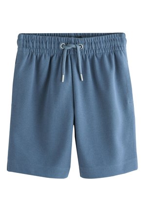 Niebieskie szorty z elastyczną talią, sznurkiem z przodu i bocznymi kieszeniami, wykonane z teksturowanego materiału.