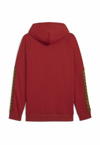 Rød pullover hoodie med en kængurulomme, hætte og sorte og gyldne mønstrede detaljer langs ærmerne. Glat stoftekstur.