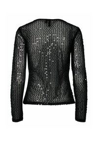 Svart långärmad blus i ett genomskinligt tyg prydd med svarta och silverfärgade paljetter, med rund halsringning och figurnära siluett.
