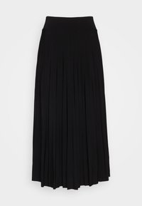 Jupe midi plissée noire taille haute avec large ceinture et plis verticaux espacés uniformément, présentée sur un fond blanc uni.