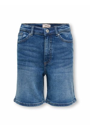 Blå denimshorts med knap og lynlås foran, to forlommer og bæltestropper, let falmet stof.