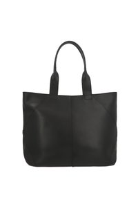 Zwarte leren tote bag met twee bovenhandvatten, met een gladde textuur en hoekige naaddetails voor een gestructureerde vorm.