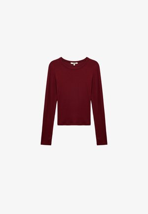 Burgunderfarbenes Longsleeve-Oberteil mit rundem Ausschnitt, aus weichem, glattem Stoff. Verfügt über einen geraden Saum und eine figurbetonte Passform.