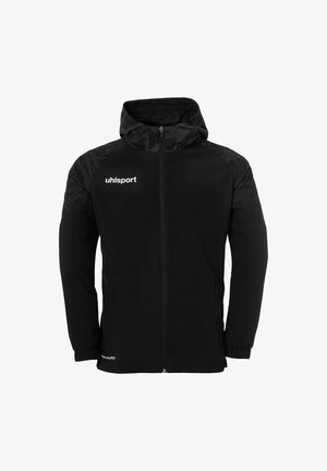 Black zip-up jacket with a hood, featuring textured geometric patterns on the shoulders and elastic cuff details. Lightweight material.