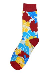 Socke mit rotem Bündchen, Ferse und Spitze, versehen mit großen gelben, blauen und roten tropischen Blumenmustern auf weißem Hintergrund.