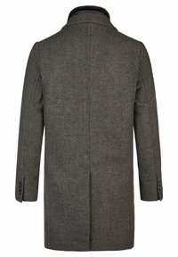 Wollen overcoat in een donkergrijs visgraatpatroon, voorzien van een tuimelcollar, een enkele rugopening en twee knopen op elke manchet.