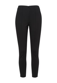 Leggings noirs avec une texture lisse, taille haute et design à cheville fuselée. Présentent des coutures verticales discrètes pour plus de détails.