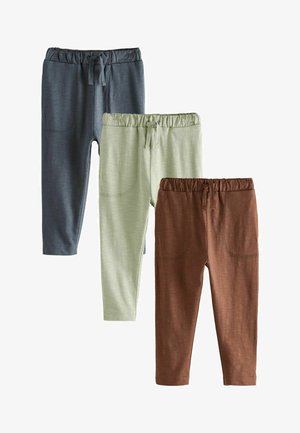 Drei Paar enganliegender Hosen: navy, hellgrün und braun. Jede verfügt über einen elastischen Bund, eine Kordelzug und seitliche Taschen. Weicher Stoff.