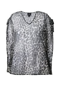 Blouse légère et transparente en gris avec un motif à pois. Caractéristiques : décolleté en V et détails de frange délicate le long des manches.