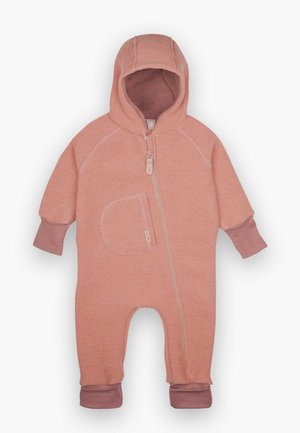 Rosa Fleece-Babyschneeanzug mit einem Reißverschluss vorne, Kapuze und langen Ärmeln. Enthält eine Fronttasche und kontrastierende Handgelenkabschlüsse für zusätzlichen Schutz.