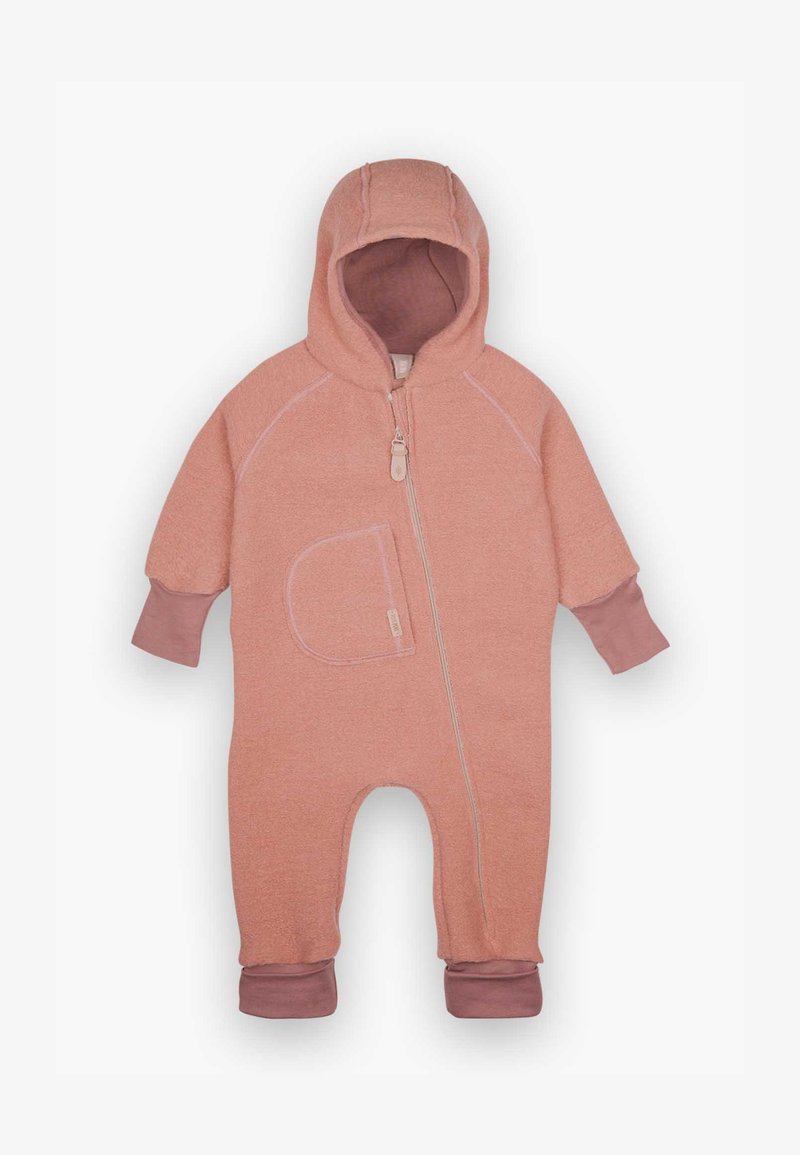 Rosa fleece baby snowsuit med frontglidelås, hette og lange ermer. Inkluderer en frontlomme og kontrasterende mansjetter for dekning.