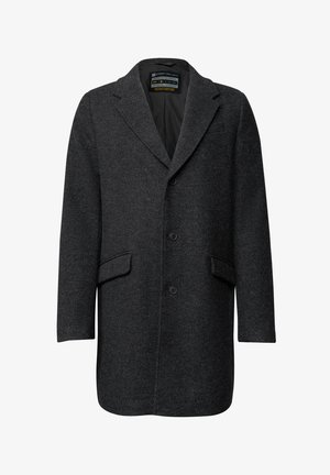 Dunkelgrauer Wollmantel mit Reverskragen, einreihigem Design, zwei Fronttaschen und drei Knöpfen. Glatte Textur, mittellange Schnittform.