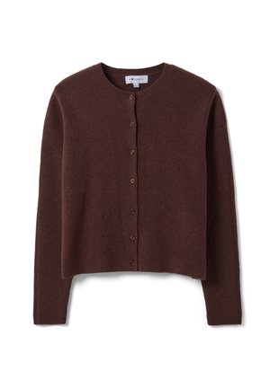 Cardigan marrone a maniche lunghe in maglia con scollo rotondo e sette bottoni frontali, mostrato su sfondo bianco.