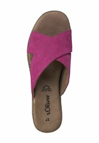 Sandalo a infradito rosa in suede con cinturini incrociati, soletta imbottita e punta rotonda. Logo del marchio stampato sulla soletta. Design con suola piatta.