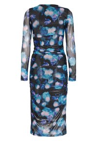 Robe midi noire cintrée à manches longues avec motif floral abstrait bleu et rose et manches transparentes.