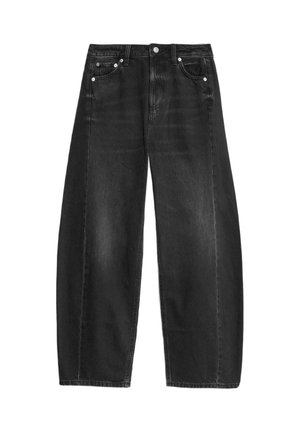 Jeans neri a gamba larga in denim. Presentano un alto punto vita, chiusura con bottone, cinque tasche e una finitura sbiadita con leggere sfumature.