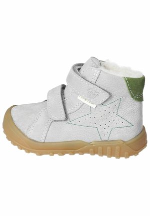 Hellgrauer Lederstiefel mit grünen Akzenten, zwei Klettverschlüssen, durchbrochenem Sternmuster und flexibler Gummisohle. Innenfutter aus Fleece.