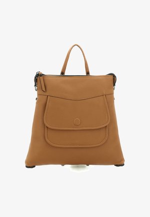 Borsa a mano in pelle marrone con tasca frontale a patta, manico superiore e chiusura con cerniera, esposta su uno sfondo bianco.