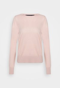 Jasnoróżowy sweter z długimi rękawami, okrągłym dekoltem, prążkowanymi mankietami i dołem, wykonany z miękkiej, teksturowanej tkaniny. Prosty i schludny design.