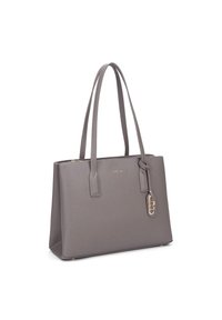 Borsa a tracolla grigia in materiale sintetico con manici superiori doppi, forma rettangolare, finitura testurizzata, accessori in metallo dorato e dettaglio con portachiavi.