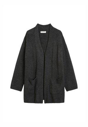 Grijze gebreide cardigan met lange mouwen, open voorkant, twee voorzakken en een losse pasvorm. Zachte textuur en eenvoudig ontwerp.