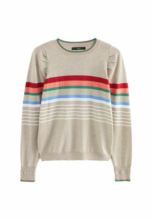 Pull beige avec des rayures horizontales multicolores en rouge, vert, bleu et blanc, présentant des poignets et un col côtelés avec une bordure verte.