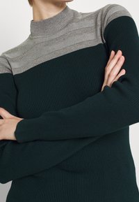 Rippstrickpullover mit hohem Kragen, grünem Körper und horizontalen grauen Streifen über der oberen Brust und den Schultern.