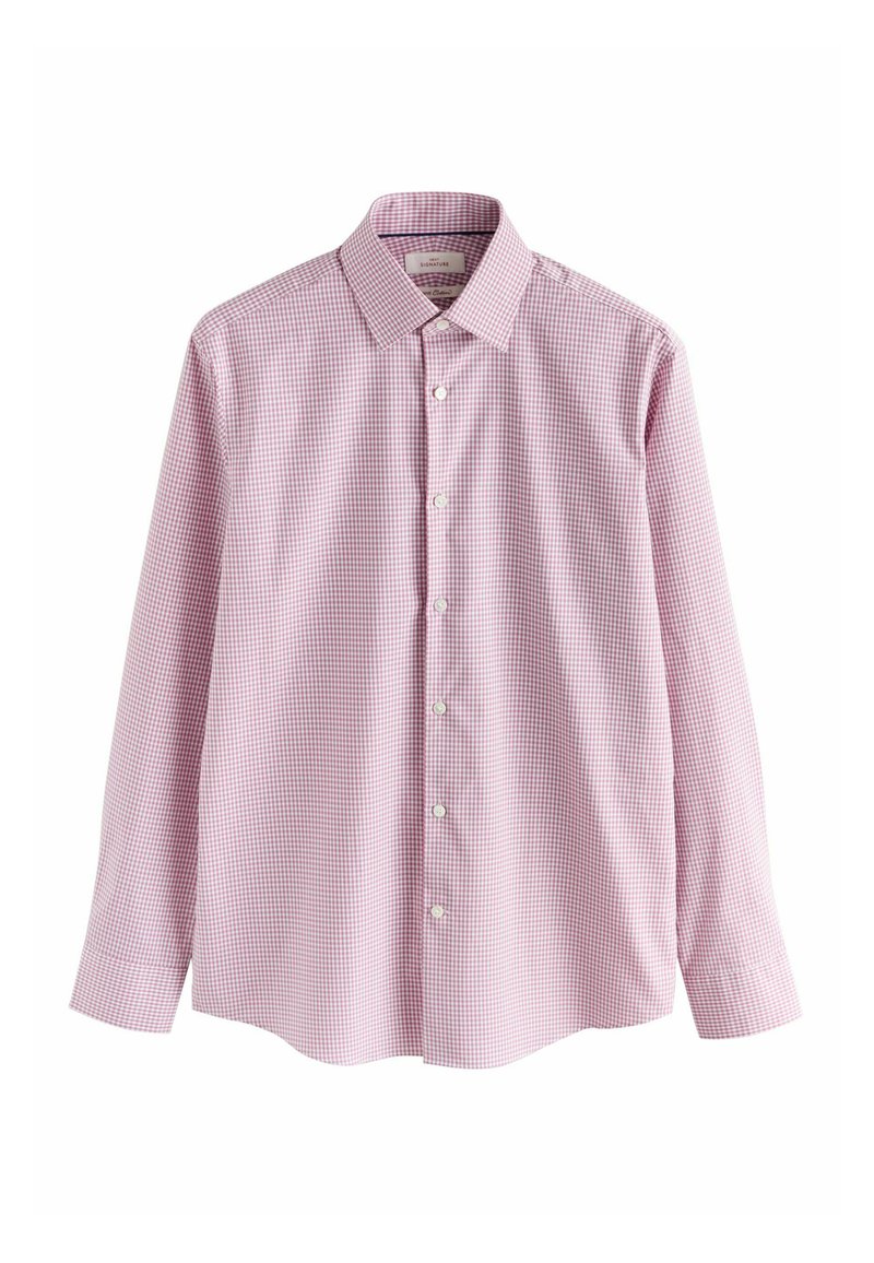 Camicia a quadri in rosa chiaro e bianco. Presenta maniche lunghe, colletto, chiusura frontale con bottoni e tessuto morbido con una texture liscia.