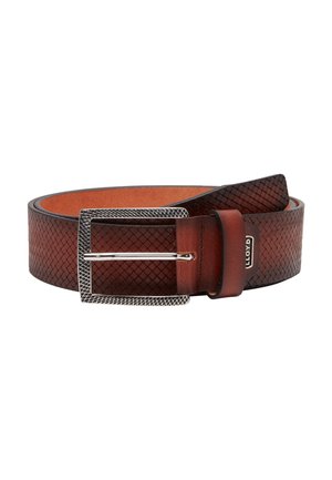 Brown leather belt with textured diamond pattern, silver rectangular buckle, and branded metal tag near the loop.