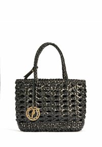 Czarna pleciona torebka wykonana z włókien syntetycznych, z podwójnymi uchwytami. Posiada okrąły złoty brelok oraz misterną fakturę na całej powierzchni.