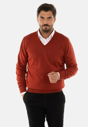 Maglione rosso a V in un materiale a maglia leggera, con maniche lunghe e polsini a coste, abbinato a una camicia bianca con colletto sotto.